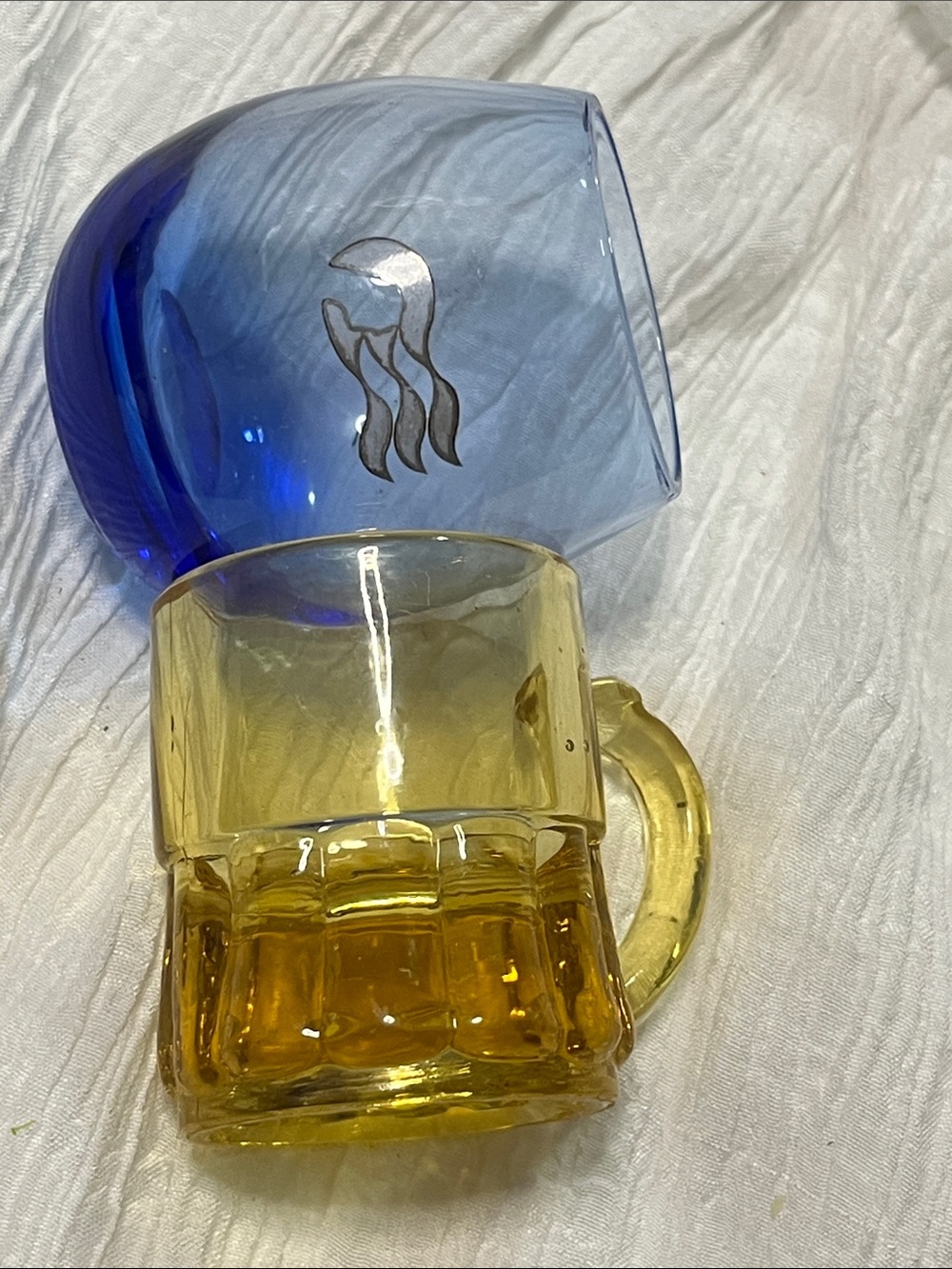 Vintage Blue Glass Tumbler with Silver Motif & Vintage Amber Glass Mug